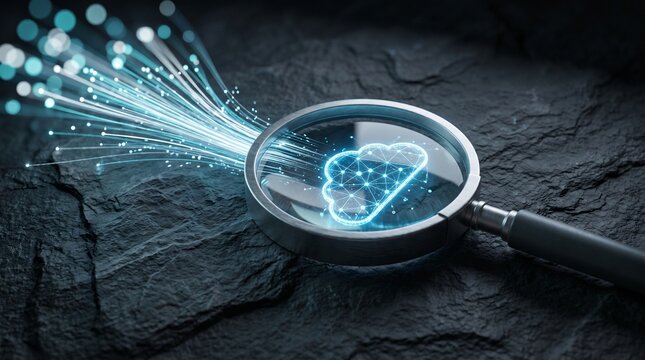 Magnifying glass examining a digital cloud computing icon against dark textured background with data management digital storage internet technology online services