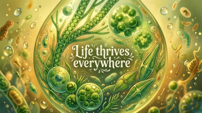 Microscopic world of thriving life: algae, diatoms, and bacteria in a water droplet, symbolizing universal existence and biodiversity