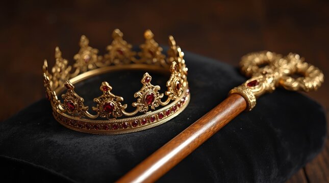 Elegant golden crown with ruby accents paired with ornate wooden ceremonial staff on dark fabric