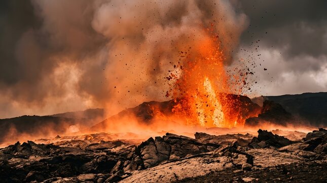 Volcanic landscape covered by a massive dark ash plume, with a glowing eruption at the mountain summit and dramatic sunlight breaking through the clouds.