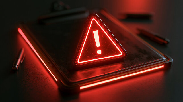 Neon red warning exclamation mark triangle on a dark glass clipboard with warning sign neon light danger alert safety notice red glow digital clipboard business ris