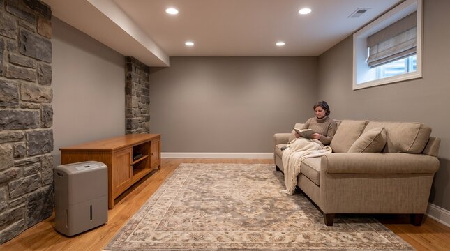 Comfortable finished basement lounge with dehumidifier
