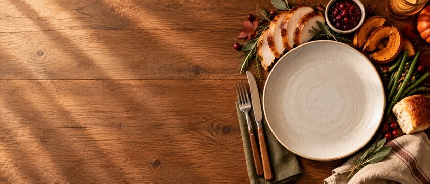Empty Thanksgiving Plate with Holiday Foods and Copy Space