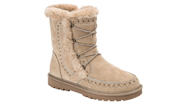 Single warm beige winter ugg boot comfortable seasonal suede footwear isolated object