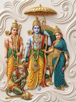 Ultra-detailed white marble 3D sculpture of Lord Rama, Sita, Lakshmana, and Hanuman