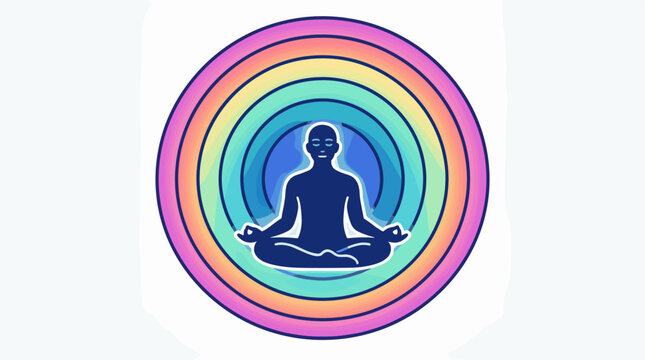 A silhouette of a person meditating in a lotus position surrounded by colorful concentric circles