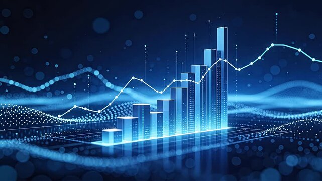 Digital data visualization with glowing blue bar charts and white line graphs on dark background