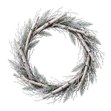 Frosted birch branch Christmas wreath with silver foliage and elongated oval silhouette, minimalist winter holiday decoration for modern catalogs on transparent background