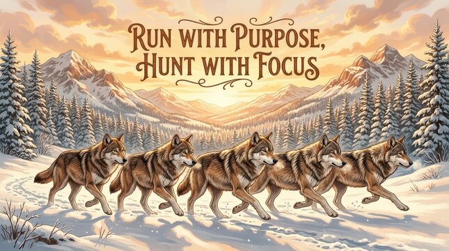 Pack of wolves running in snowy mountain landscape at sunset with inspirational text 'Run with Purpose, Hunt with Focus'