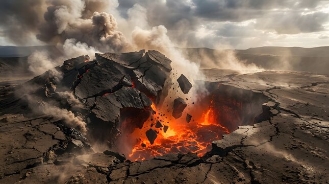 Explosive volcanic eruption with rocks and molten lava projected from the crater, surrounded by thick smoke, ash, and dramatic atmospheric light.