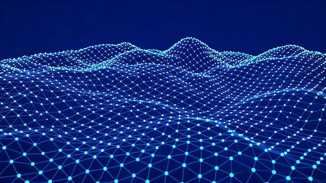Abstract digital network surface with glowing blue nodes and lines on dark gradient background