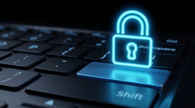 Cyber security concept with glowing blue neon padlock icon on black computer keyboard data protection online safety digital security neon lock keyboard key business
