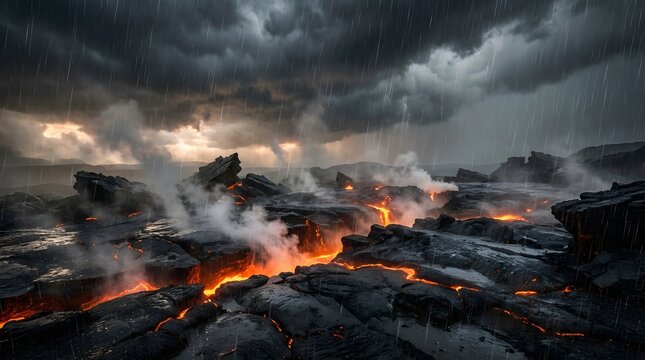 Violent volcanic eruption releasing thick ash and smoke above a rugged lava field, with bright molten rock glowing beneath a stormy sky.