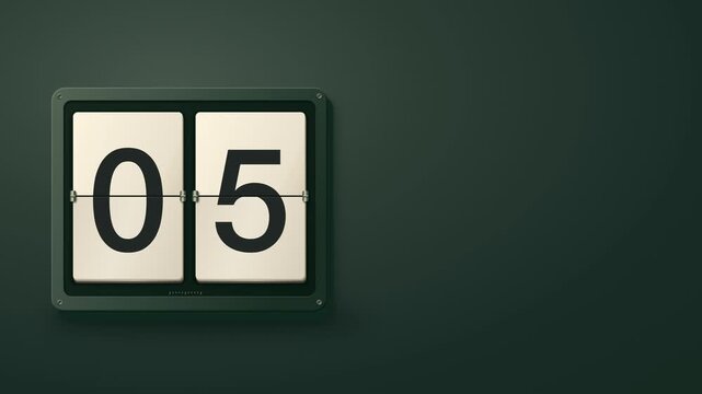 Mechanical flip cards count down from ten to zero on an ivory display with a dark green background and copy space, seamless event timer loop