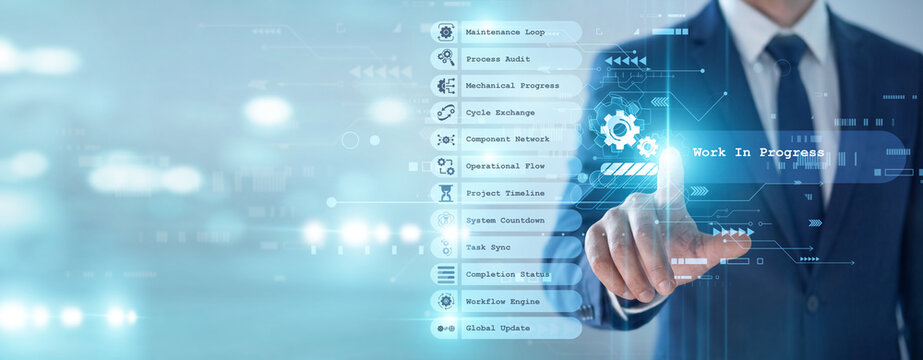 Worker's point of Work In Progress status concept, active tasks require focused attention before final completion and delivery. Continuous effort ensures project milestones are reached.