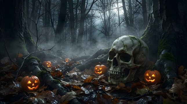 Halloween-inspired forest scene featuring a weathered skull surrounded by pumpkins, mist, dark trees, and eerie atmospheric lighting.