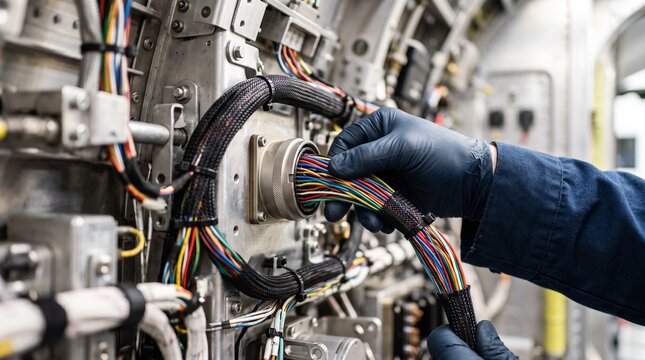 Avionics technician seats wires in aircraft connector