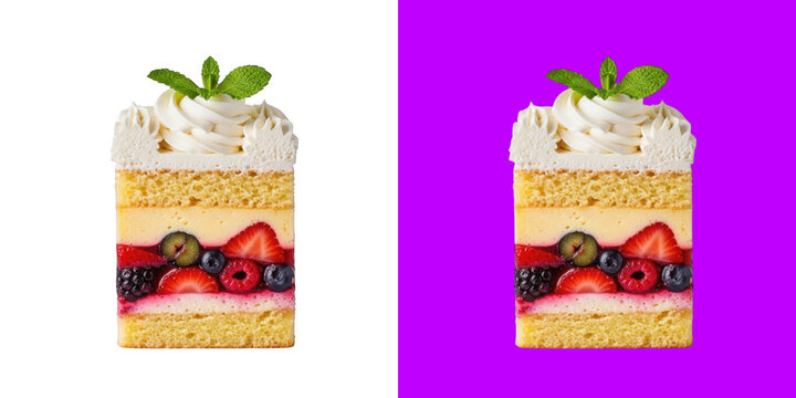 Fresh Fruit Sponge Cake Slice with Whipped Cream Topping and Mint Leaves transparent png