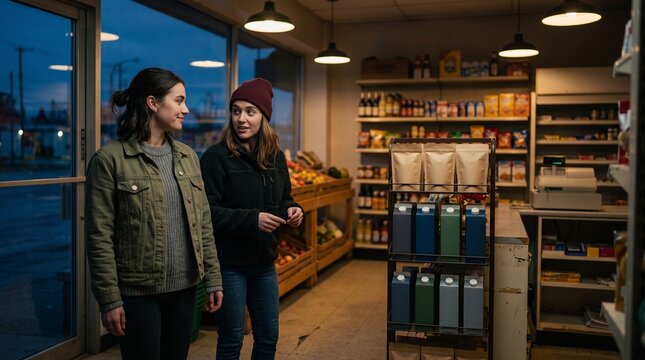 Friends spot a snack display in a corner shop