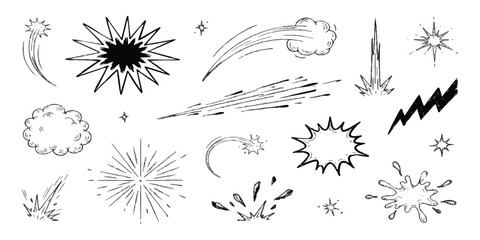Set of hand drawn comic book action elements and cartoon explosion effects for graphic design and animation © mahedi