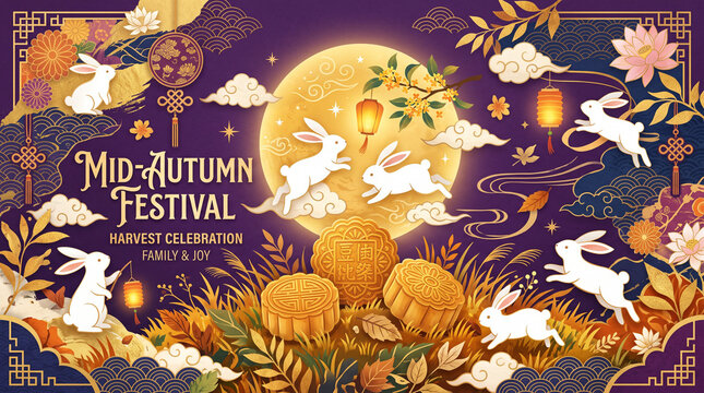 Mid Autumn Festival banner with white rabbits and mooncakes on purple background