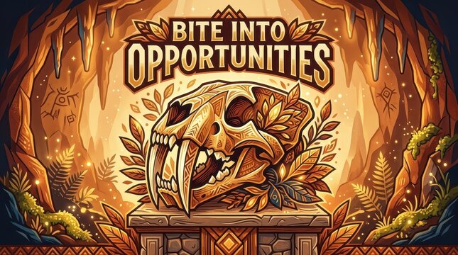 Mysterious Cave Entrance with Saber-Toothed Cat Skull and "Bite Into Opportunities" Text