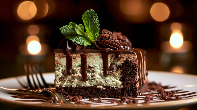 Slice of chocolate mint cake with dark fudge drizzle and fresh mint leaves garnish fudge sauce chocolate drip sweet treat food photography indulgence culinary