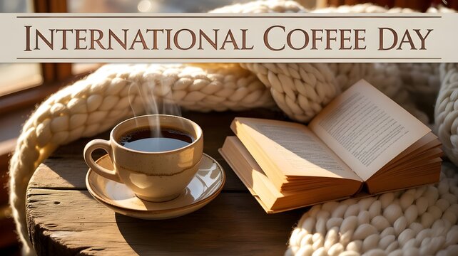 Cozy International Coffee Day header with steaming cup open book and knitted blanket