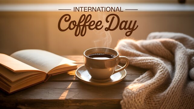 Cozy morning coffee cup with open book and warm knitted sweater on wooden table, International Coffee Day banner