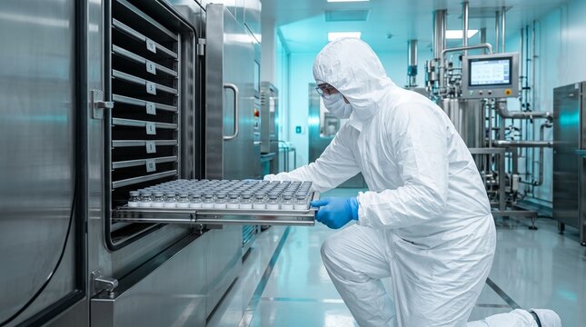 Technician loads vial tray into lyophilization chamber