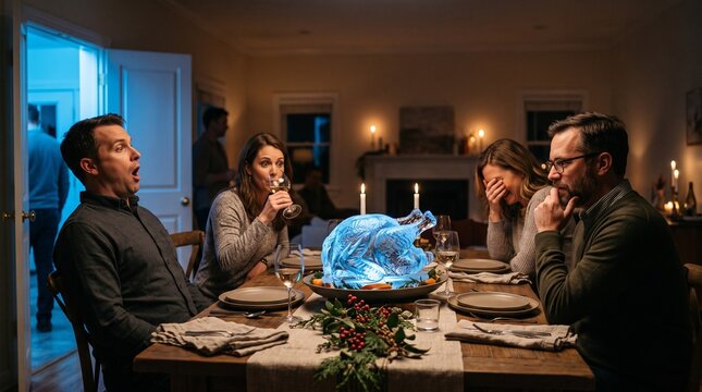Dinner guests react to a frozen turkey centerpiece