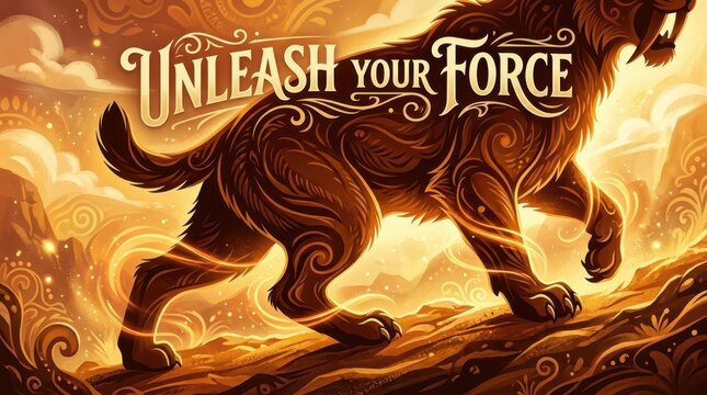 Mysterious creature with ornate patterns and glowing energy, text "Unleash Your Force", fantasy art, epic scene