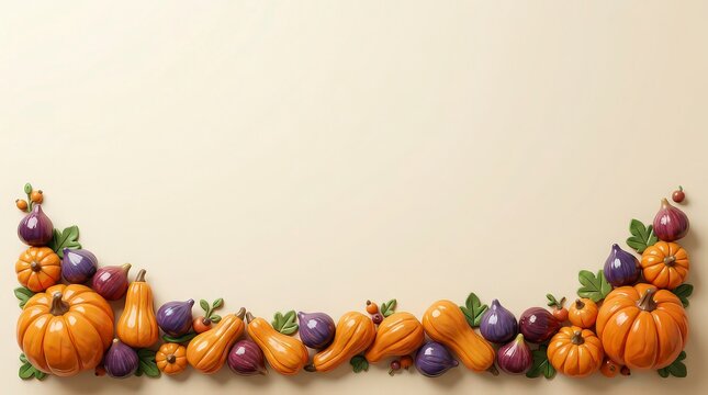 Autumn harvest background with assorted pumpkins and fresh figs arranged in a decorative bottom border frame
