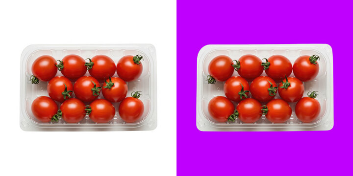 Fresh red cherry tomatoes in plastic tray container for supermarket grocery store transparent png