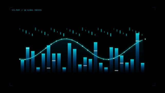 Digital hud interface with blue bar charts and wave graph