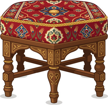 Ornate wooden footstool featuring red floral upholstered cushion standing on white background
