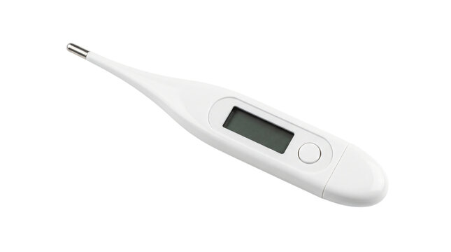 Digital clinical thermometer photo. White medical device with LCD screen on isolated background