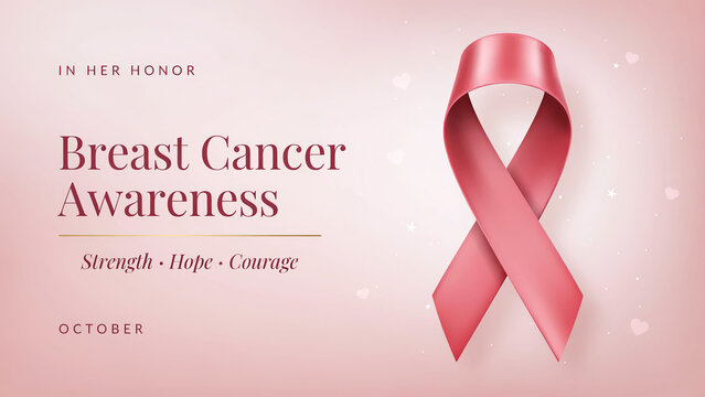 Breast cancer awareness pink ribbon banner. October health campaign background with satin ribbon. Strength hope and courage typography.