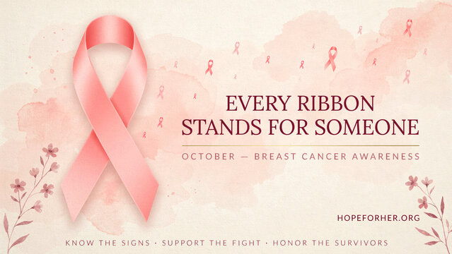 Pink breast cancer awareness ribbon on watercolor background, October health campaign banner, medical charity support poster