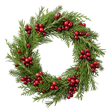 Cranberry and rosemary Christmas wreath with cedar foliage and culinary botanical accents, fresh seasonal arrangement for festive food branding on transparent background