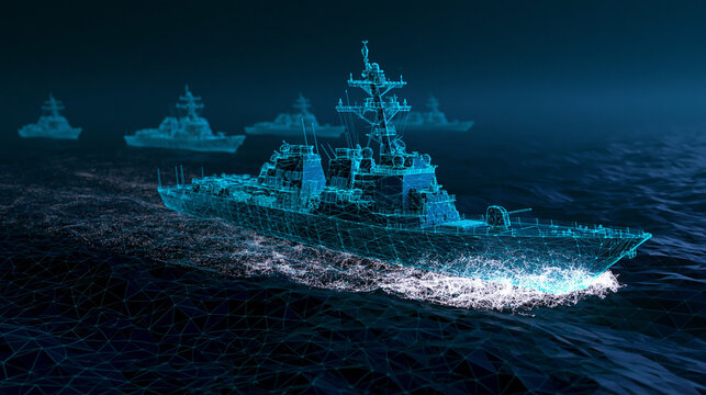 Futuristic battleship hologram moving across dark sea surface with battleship hologram futuristic technology military