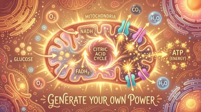Mitochondria Citric Acid Cycle cellular respiration generating ATP energy from glucose and oxygen, a science illustration