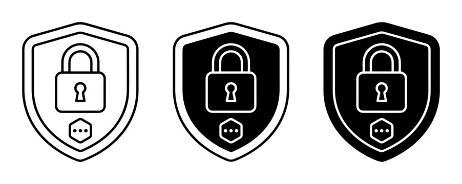 3 Security shield icons with padlock and dots, outline solid styles, UI and web interface design