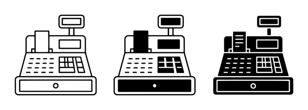 3 Cash Register Icons, outline solid styles, UI and web interface design
