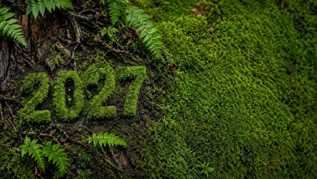 Moss-covered carved numbers appear on a damp tree trunk surrounded by ferns and dense green forest growth. Natural woodland texture and mystery concept.