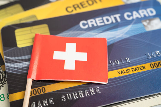 Switzerland flag on credit card, finance economy trading shopping online business.