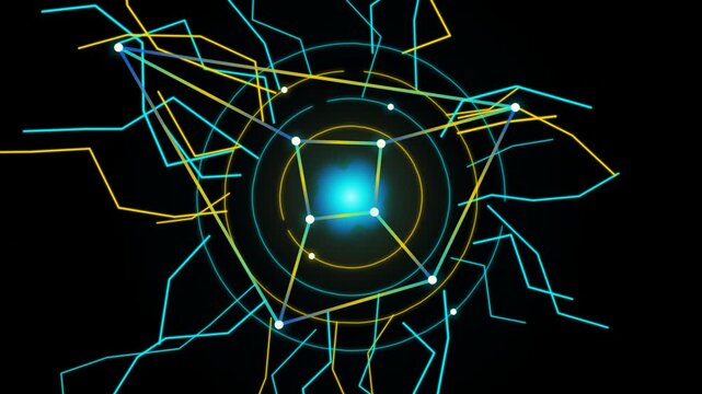 Abstract digital eye with glowing lines and network nodes