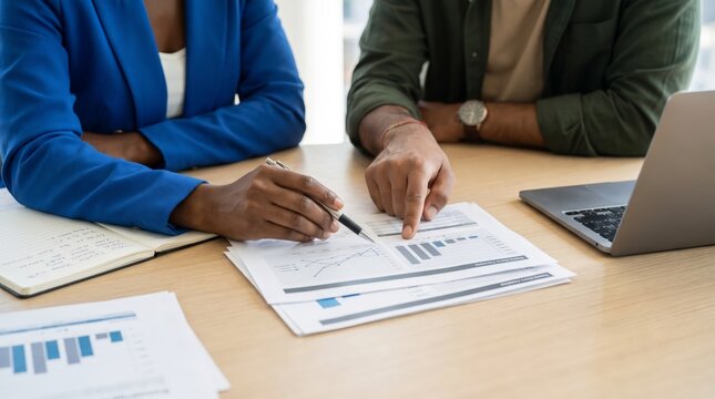 Business analytics review at office table