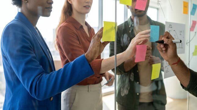Team organizing ideas on glass board