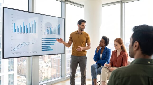 Business presentation with performance charts
